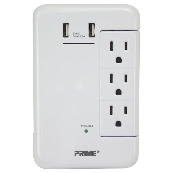 Prime Outlet Tap, Surge, USB, 2 in., White PBRUSB346S - main